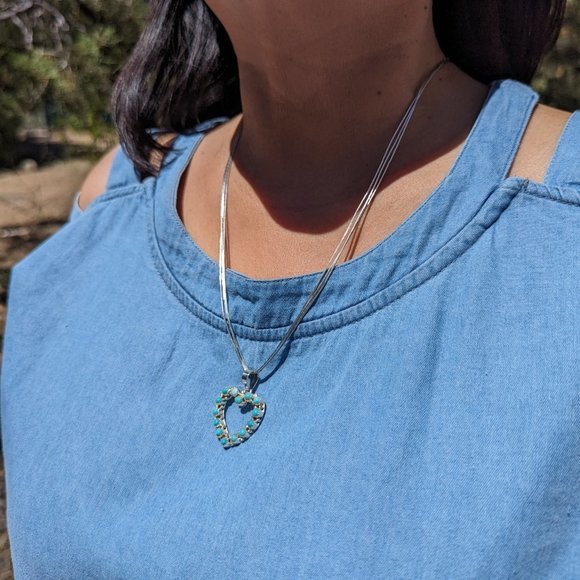 Navajo Kingman Turquoise Heart Pendant Liquid‎ Sterling Silver Chain Necklace*** - Picture 4 of 11